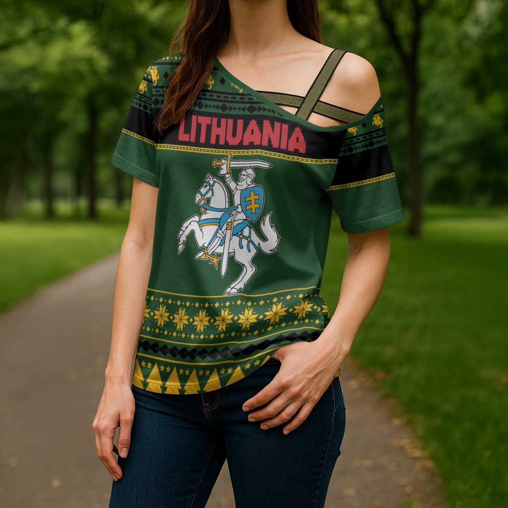 Lithuania Christmas Cross Shoulder Shirt Coat Of Arms Linksmu Kaledu - Wonder Print Shop