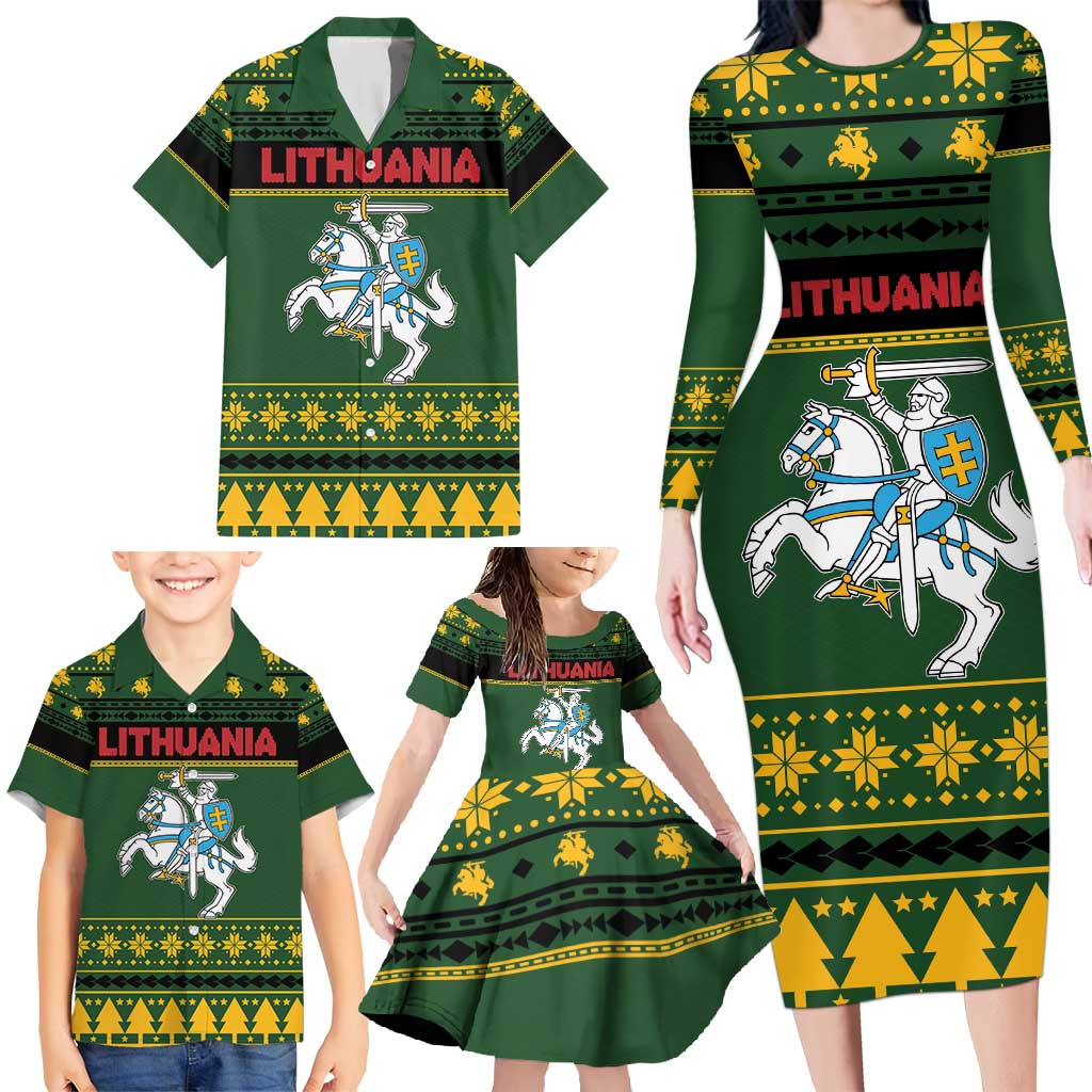 Lithuania Christmas Family Matching Long Sleeve Bodycon Dress and Hawaiian Shirt Coat Of Arms Linksmu Kaledu - Wonder Print Shop