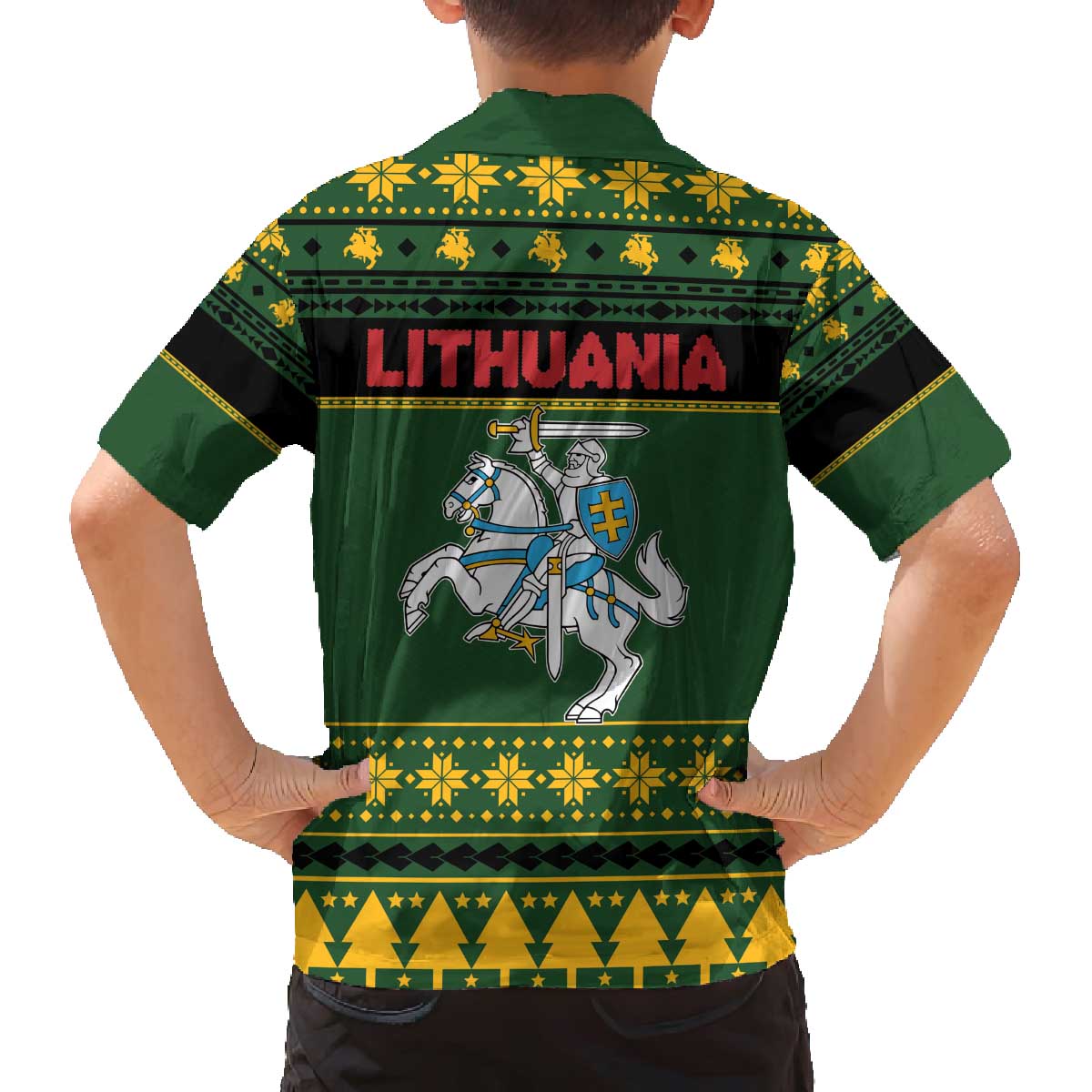 Lithuania Christmas Family Matching Off The Shoulder Long Sleeve Dress and Hawaiian Shirt Coat Of Arms Linksmu Kaledu - Wonder Print Shop