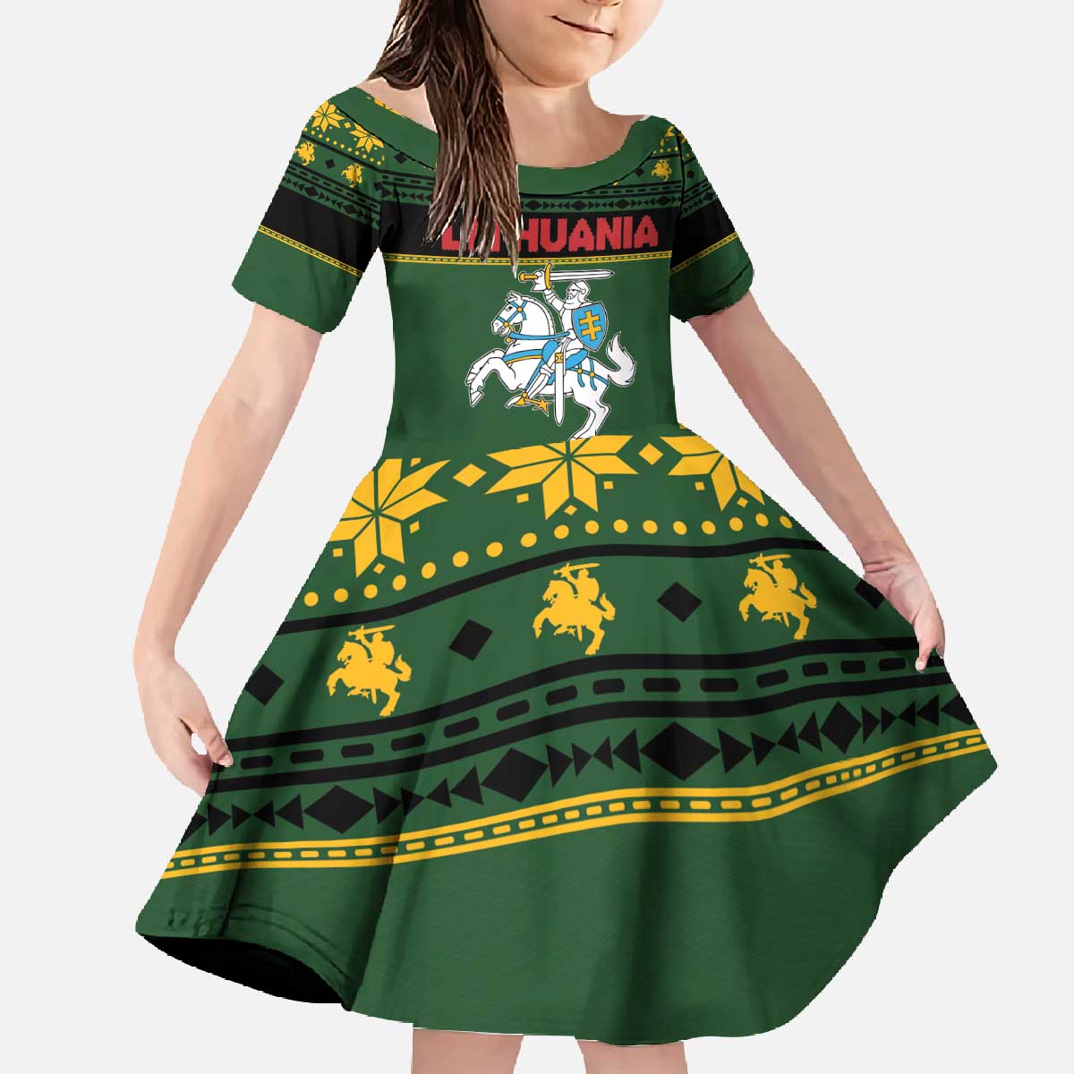 Lithuania Christmas Family Matching Off The Shoulder Long Sleeve Dress and Hawaiian Shirt Coat Of Arms Linksmu Kaledu - Wonder Print Shop