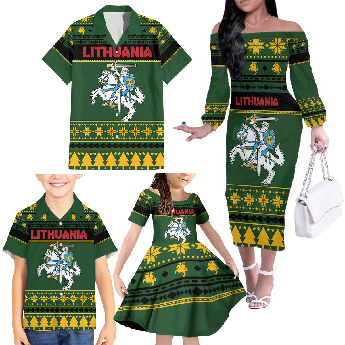 Lithuania Christmas Family Matching Off The Shoulder Long Sleeve Dress and Hawaiian Shirt Coat Of Arms Linksmu Kaledu - Wonder Print Shop
