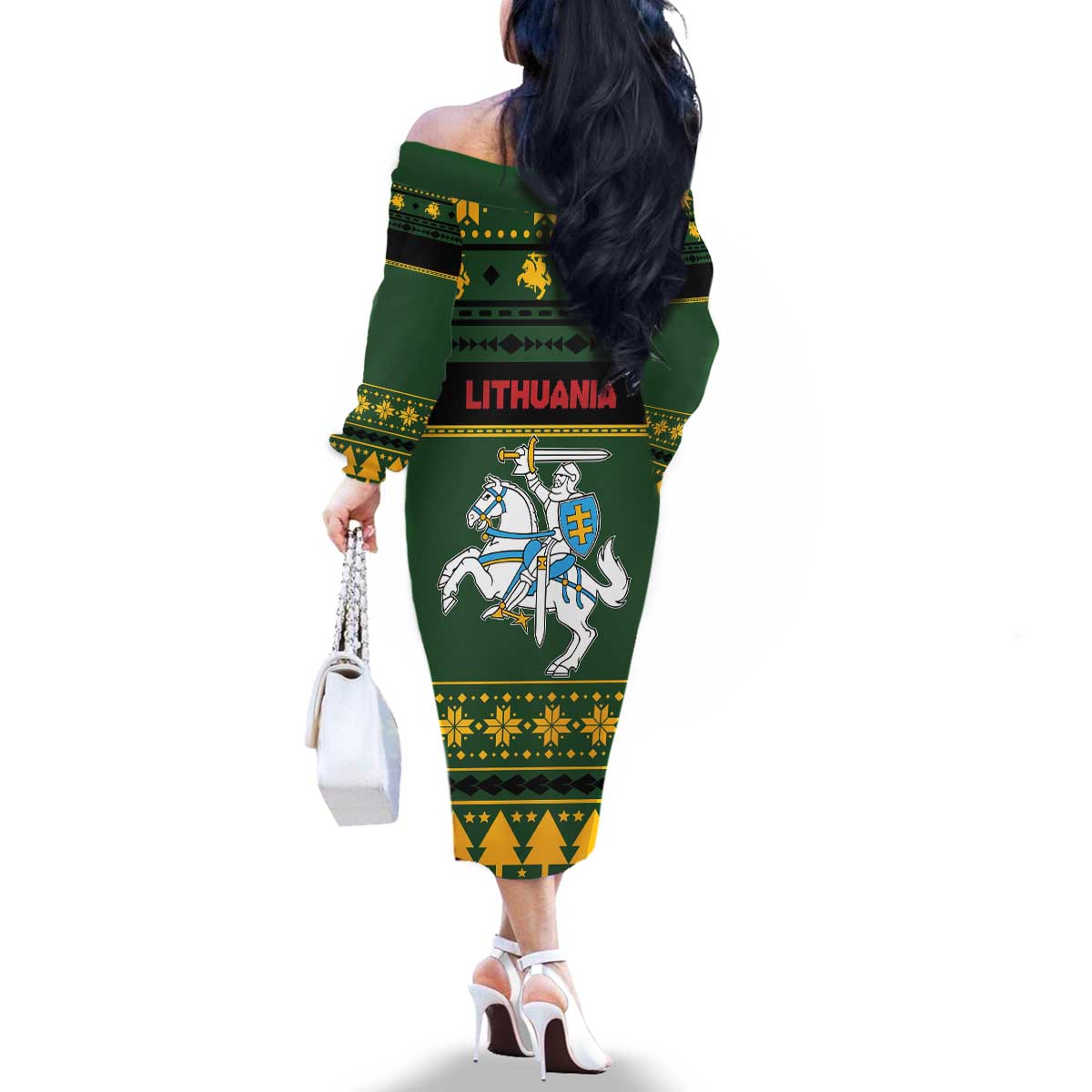 Lithuania Christmas Family Matching Off The Shoulder Long Sleeve Dress and Hawaiian Shirt Coat Of Arms Linksmu Kaledu - Wonder Print Shop