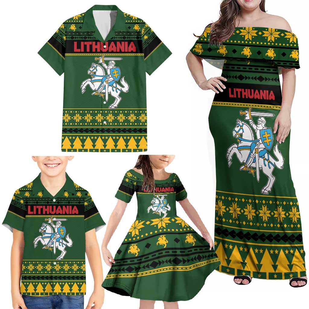 Lithuania Christmas Family Matching Off Shoulder Maxi Dress and Hawaiian Shirt Coat Of Arms Linksmu Kaledu - Wonder Print Shop