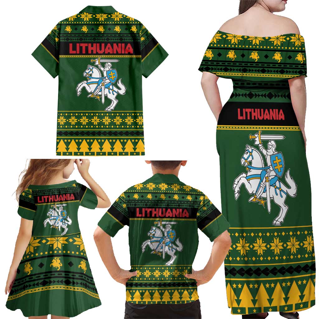 Lithuania Christmas Family Matching Off Shoulder Maxi Dress and Hawaiian Shirt Coat Of Arms Linksmu Kaledu - Wonder Print Shop
