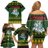 Lithuania Christmas Family Matching Off Shoulder Short Dress and Hawaiian Shirt Coat Of Arms Linksmu Kaledu - Wonder Print Shop