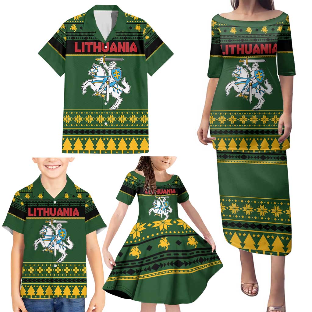 Lithuania Christmas Family Matching Puletasi and Hawaiian Shirt Coat Of Arms Linksmu Kaledu - Wonder Print Shop