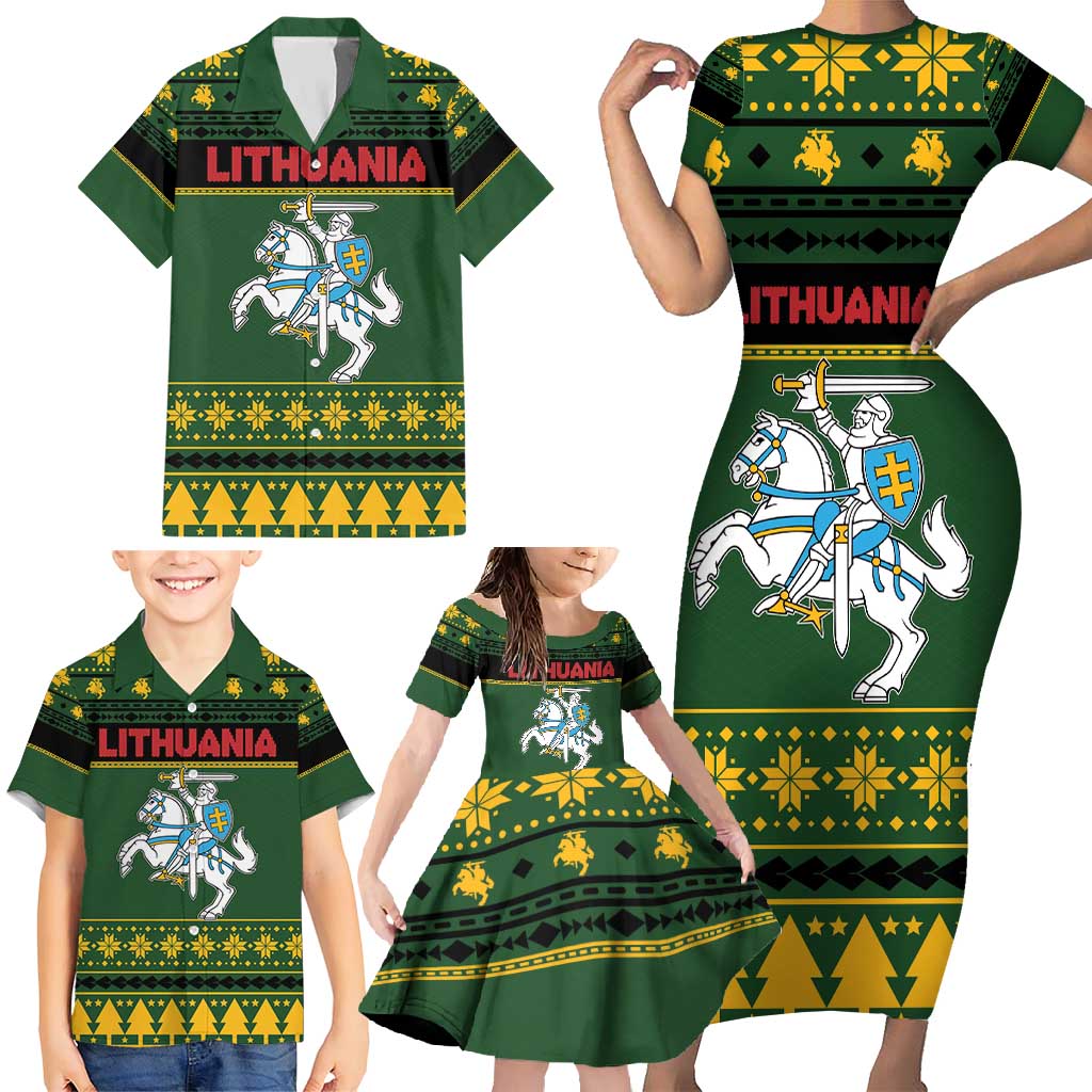 Lithuania Christmas Family Matching Short Sleeve Bodycon Dress and Hawaiian Shirt Coat Of Arms Linksmu Kaledu - Wonder Print Shop