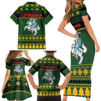 Lithuania Christmas Family Matching Short Sleeve Bodycon Dress and Hawaiian Shirt Coat Of Arms Linksmu Kaledu - Wonder Print Shop