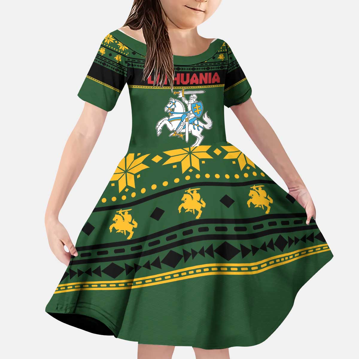 Lithuania Christmas Kid Short Sleeve Dress Coat Of Arms Linksmu Kaledu - Wonder Print Shop