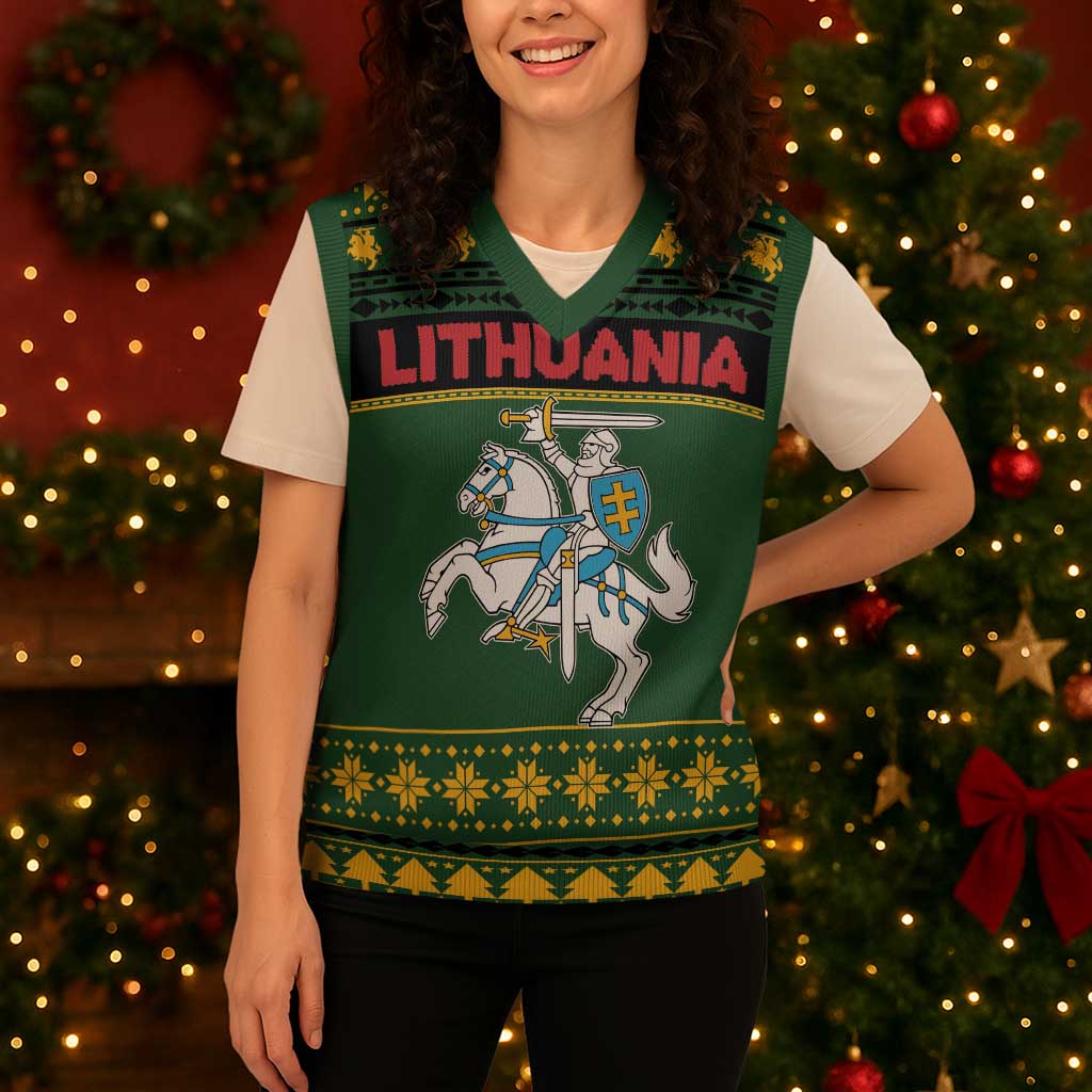 Lithuania Christmas Knitted V-Neck Vest Coat Of Arms Linksmu Kaledu - Wonder Print Shop