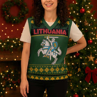 Lithuania Christmas Knitted V-Neck Vest Coat Of Arms Linksmu Kaledu - Wonder Print Shop