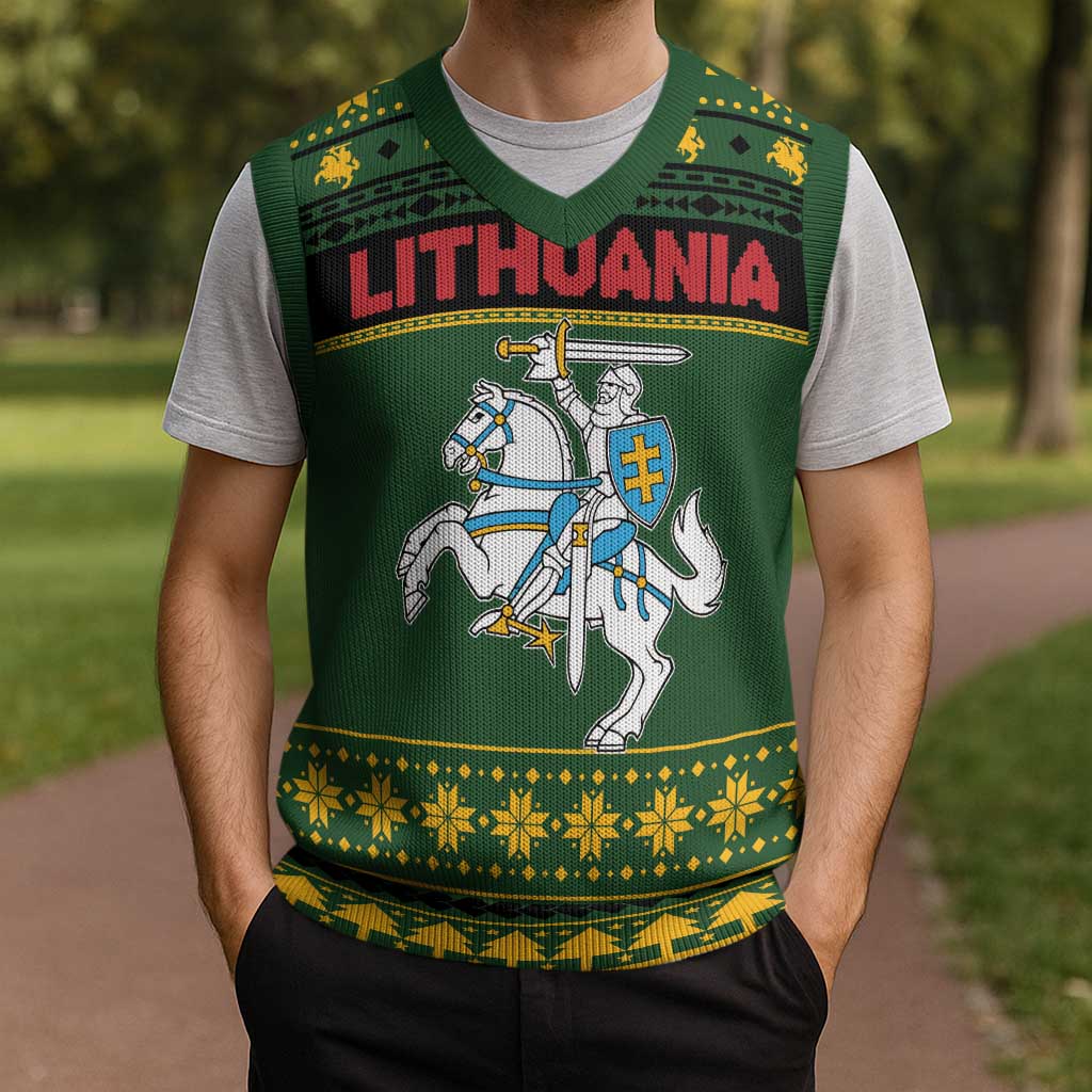Lithuania Christmas Knitted V-Neck Vest Coat Of Arms Linksmu Kaledu - Wonder Print Shop