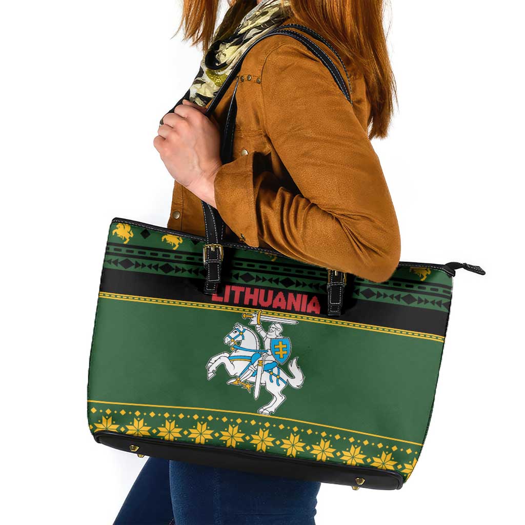 Lithuania Christmas Leather Tote Bag Coat Of Arms Linksmu Kaledu - Wonder Print Shop