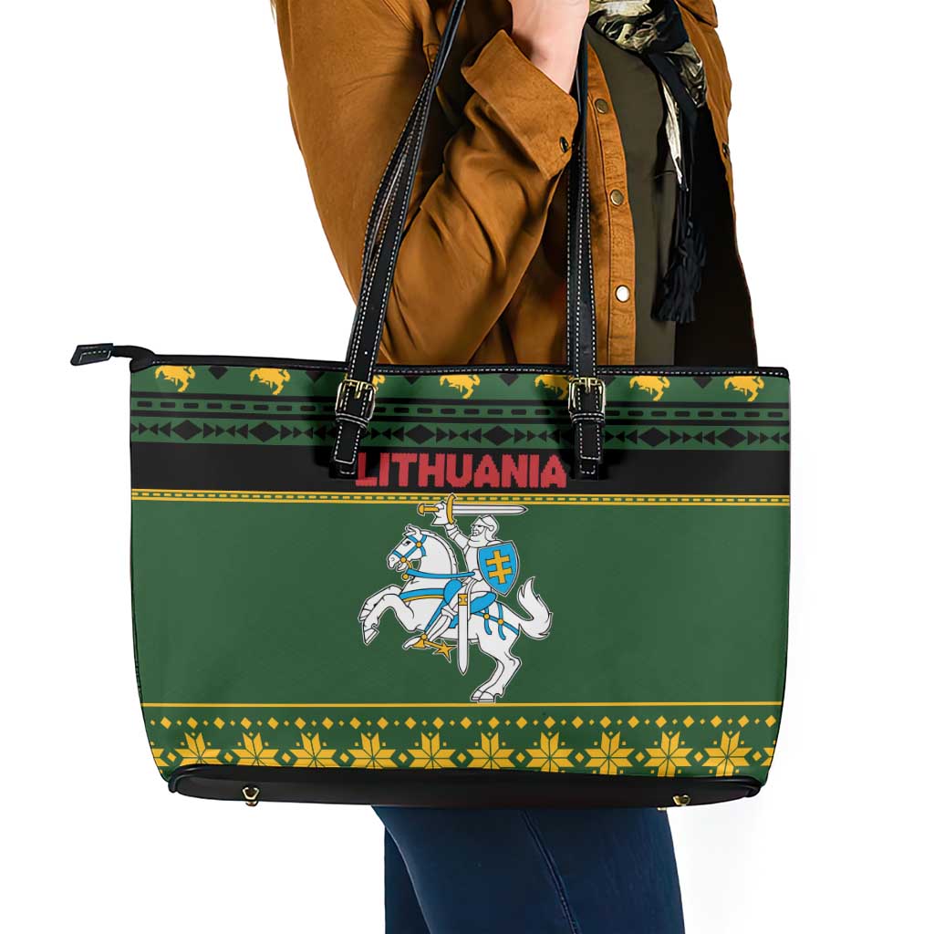Lithuania Christmas Leather Tote Bag Coat Of Arms Linksmu Kaledu - Wonder Print Shop
