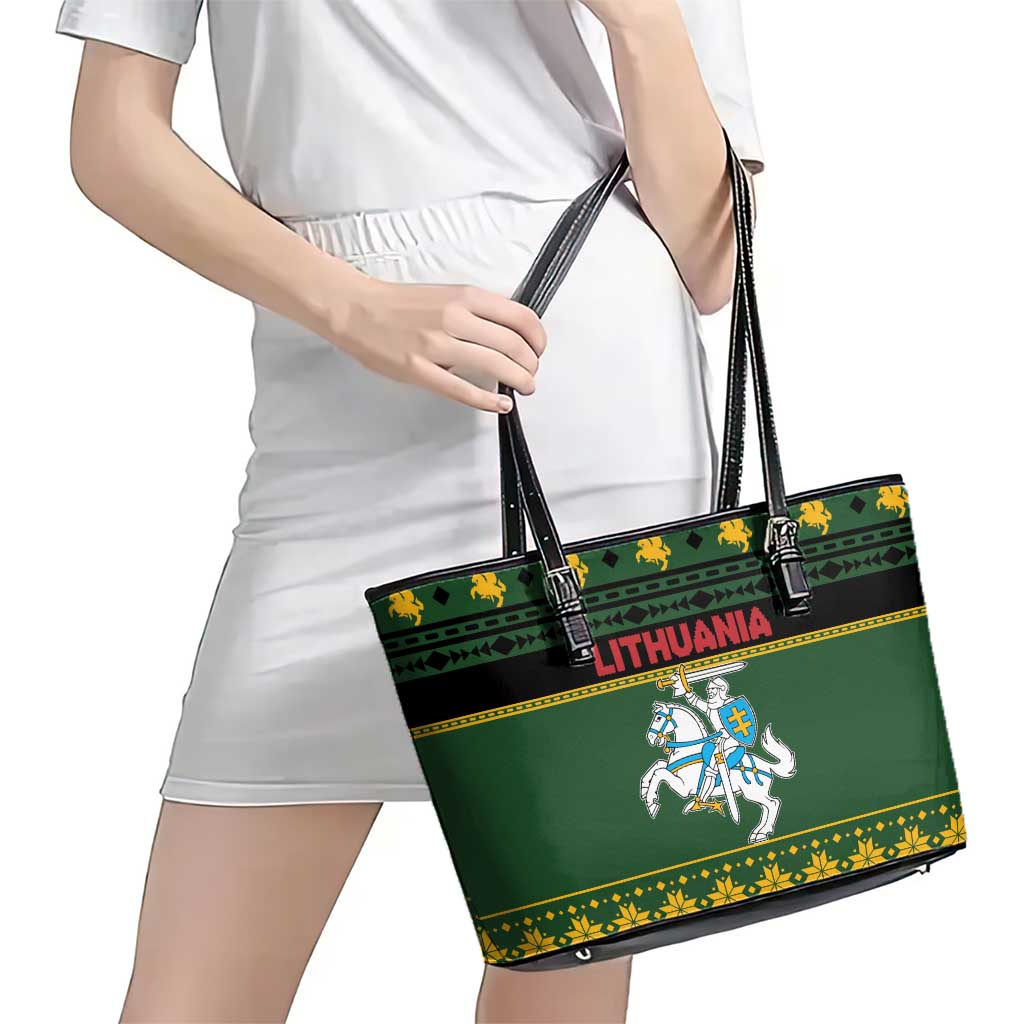 Lithuania Christmas Leather Tote Bag Coat Of Arms Linksmu Kaledu - Wonder Print Shop