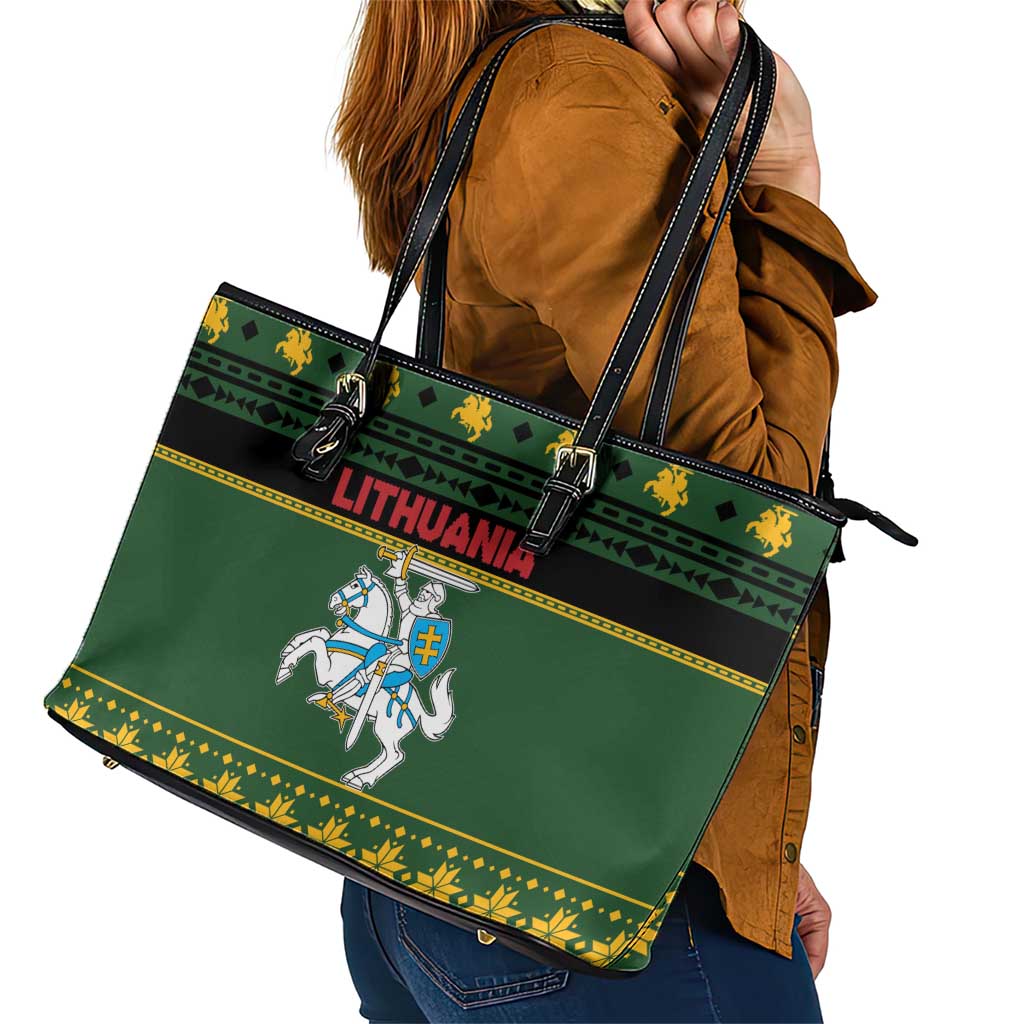 Lithuania Christmas Leather Tote Bag Coat Of Arms Linksmu Kaledu - Wonder Print Shop