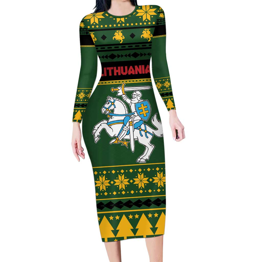 Lithuania Christmas Long Sleeve Bodycon Dress Coat Of Arms Linksmu Kaledu - Wonder Print Shop