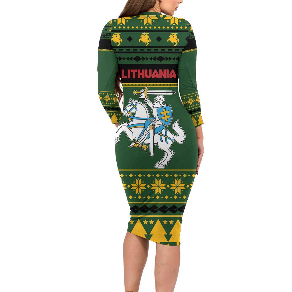 Lithuania Christmas Long Sleeve Bodycon Dress Coat Of Arms Linksmu Kaledu - Wonder Print Shop