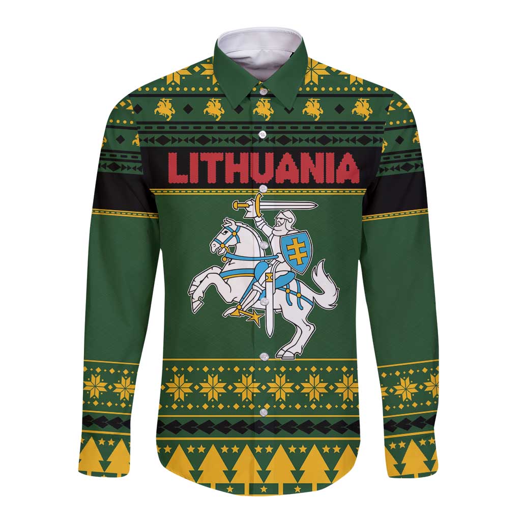 Lithuania Christmas Long Sleeve Button Shirt Coat Of Arms Linksmu Kaledu - Wonder Print Shop