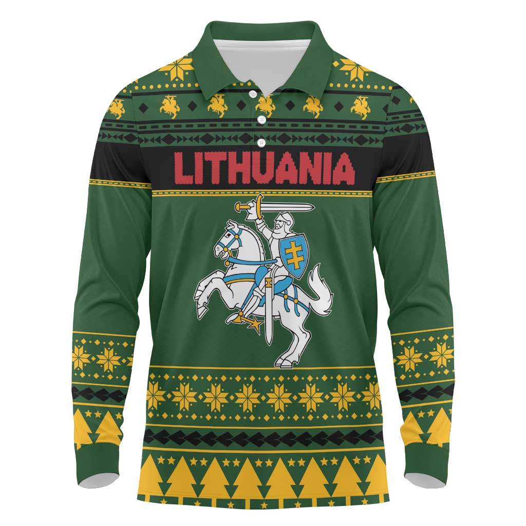 Lithuania Christmas Long Sleeve Polo Shirt Coat Of Arms Linksmu Kaledu - Wonder Print Shop
