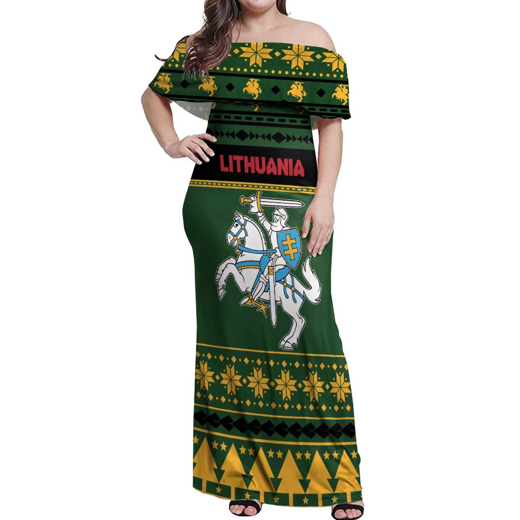 Lithuania Christmas Off Shoulder Maxi Dress Coat Of Arms Linksmu Kaledu - Wonder Print Shop