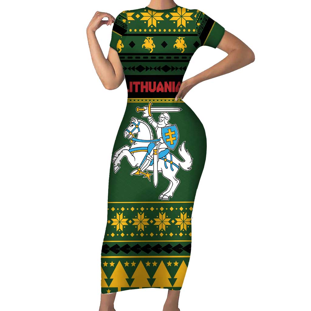 Lithuania Christmas Short Sleeve Bodycon Dress Coat Of Arms Linksmu Kaledu - Wonder Print Shop