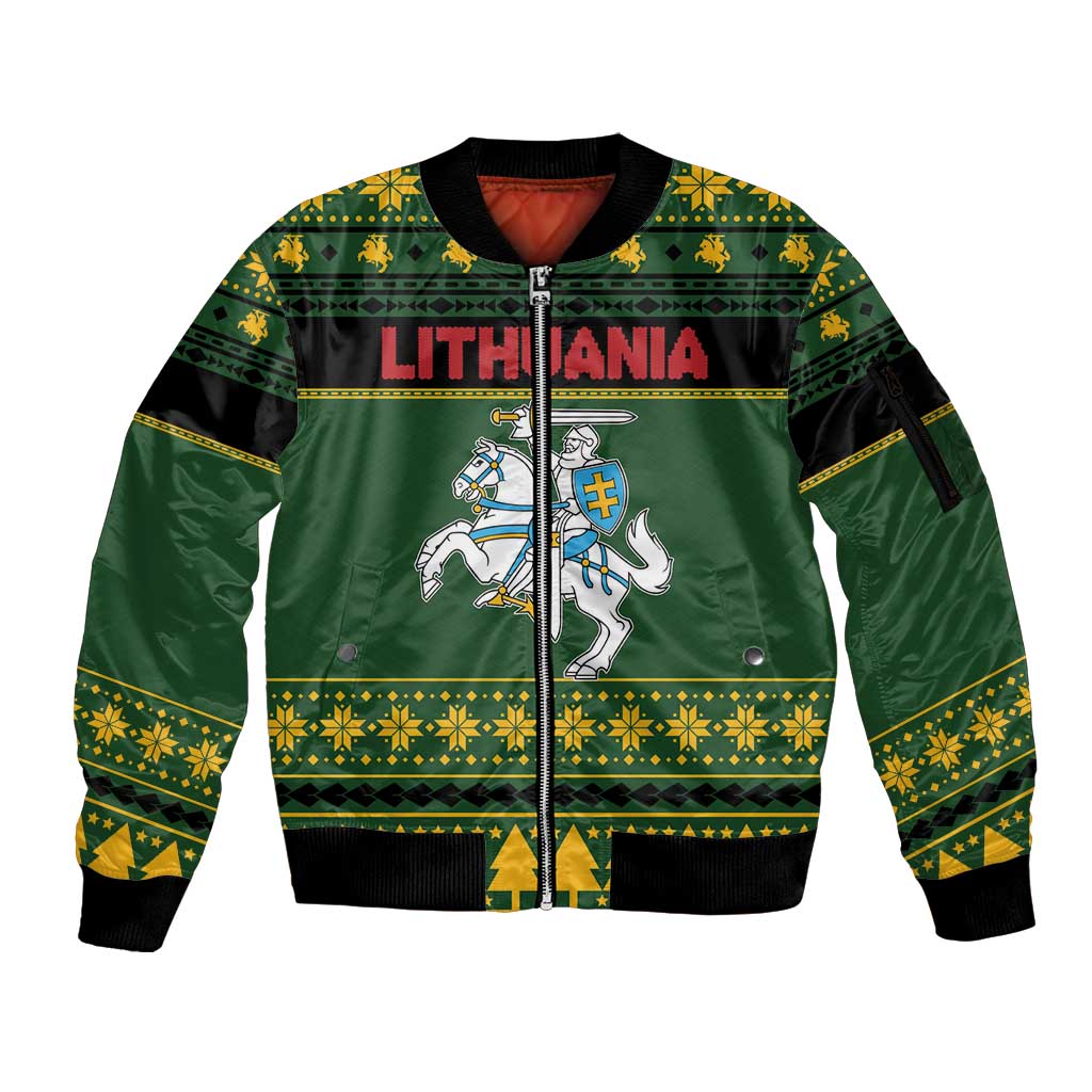 Lithuania Christmas Sleeve Zip Bomber Jacket Coat Of Arms Linksmu Kaledu - Wonder Print Shop