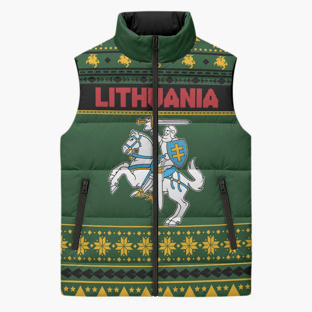 Lithuania Christmas Sleeveless Puffer Jacket Coat Of Arms Linksmu Kaledu - Wonder Print Shop