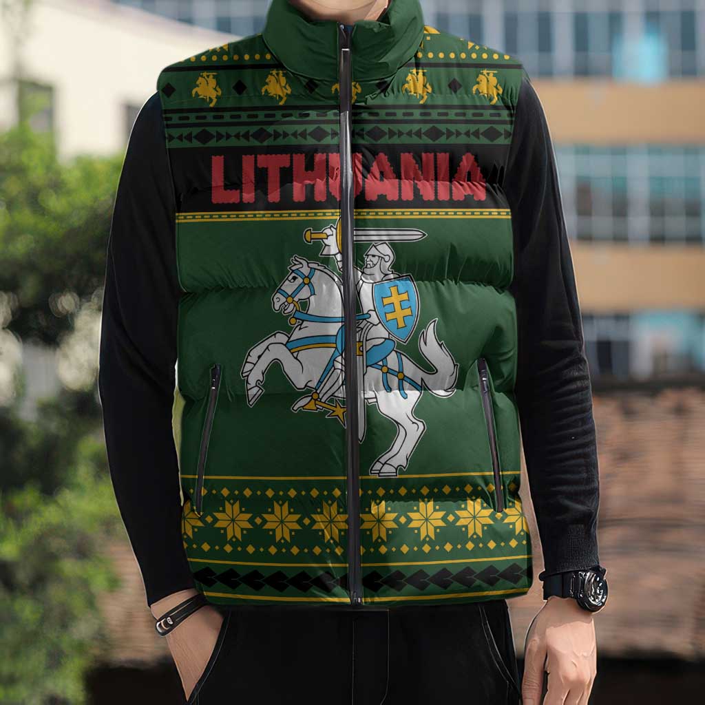 Lithuania Christmas Sleeveless Puffer Jacket Coat Of Arms Linksmu Kaledu - Wonder Print Shop
