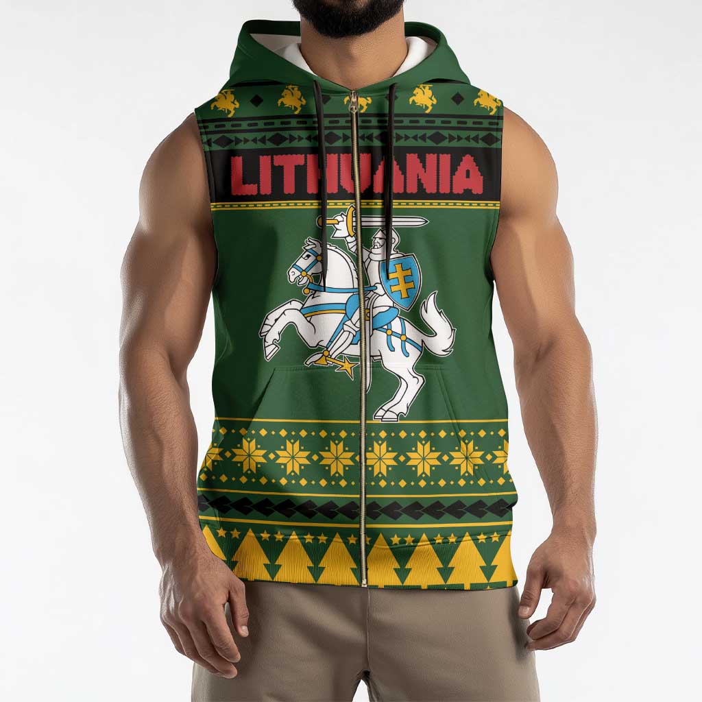 Lithuania Christmas Sleeveless Zip Hoodie Coat Of Arms Linksmu Kaledu - Wonder Print Shop