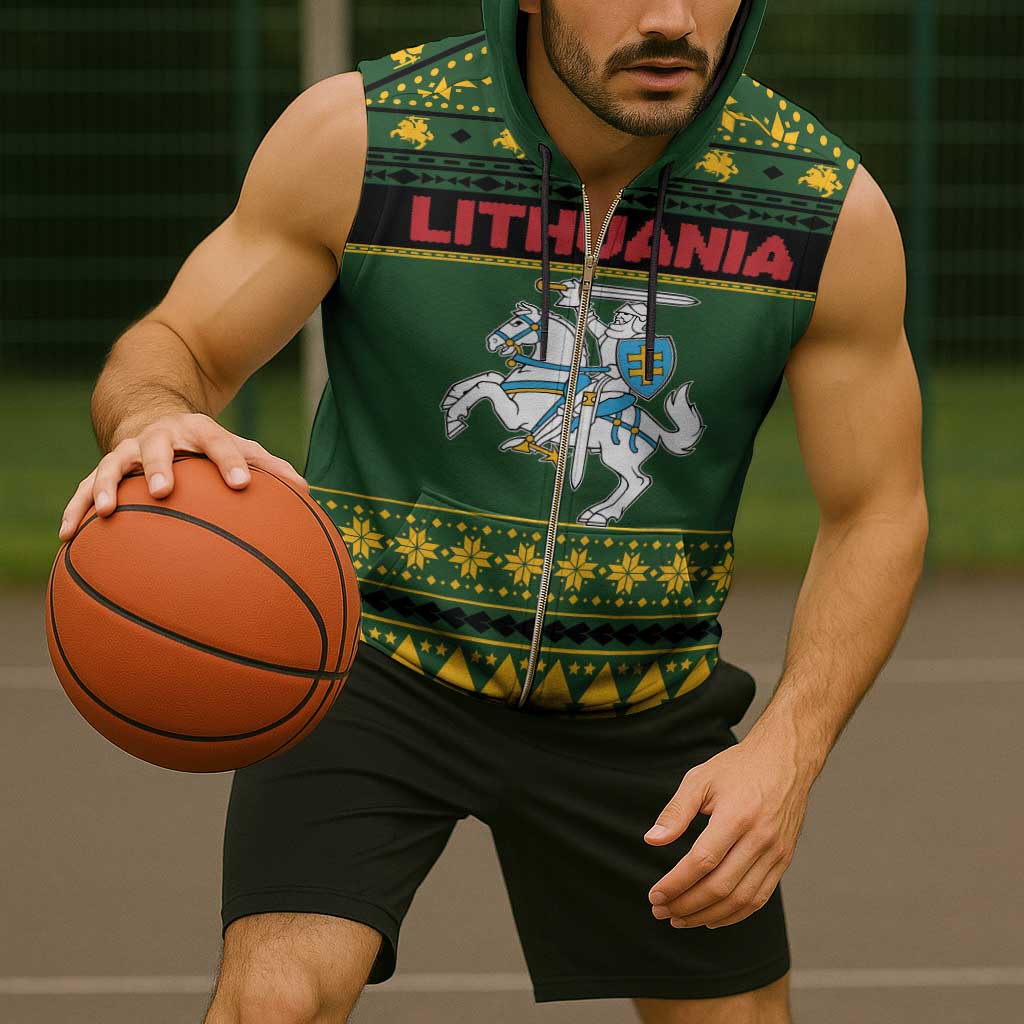 Lithuania Christmas Sleeveless Zip Hoodie Coat Of Arms Linksmu Kaledu - Wonder Print Shop