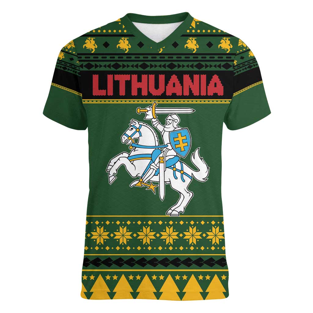Lithuania Christmas Women V-Neck T-Shirt Coat Of Arms Linksmu Kaledu - Wonder Print Shop