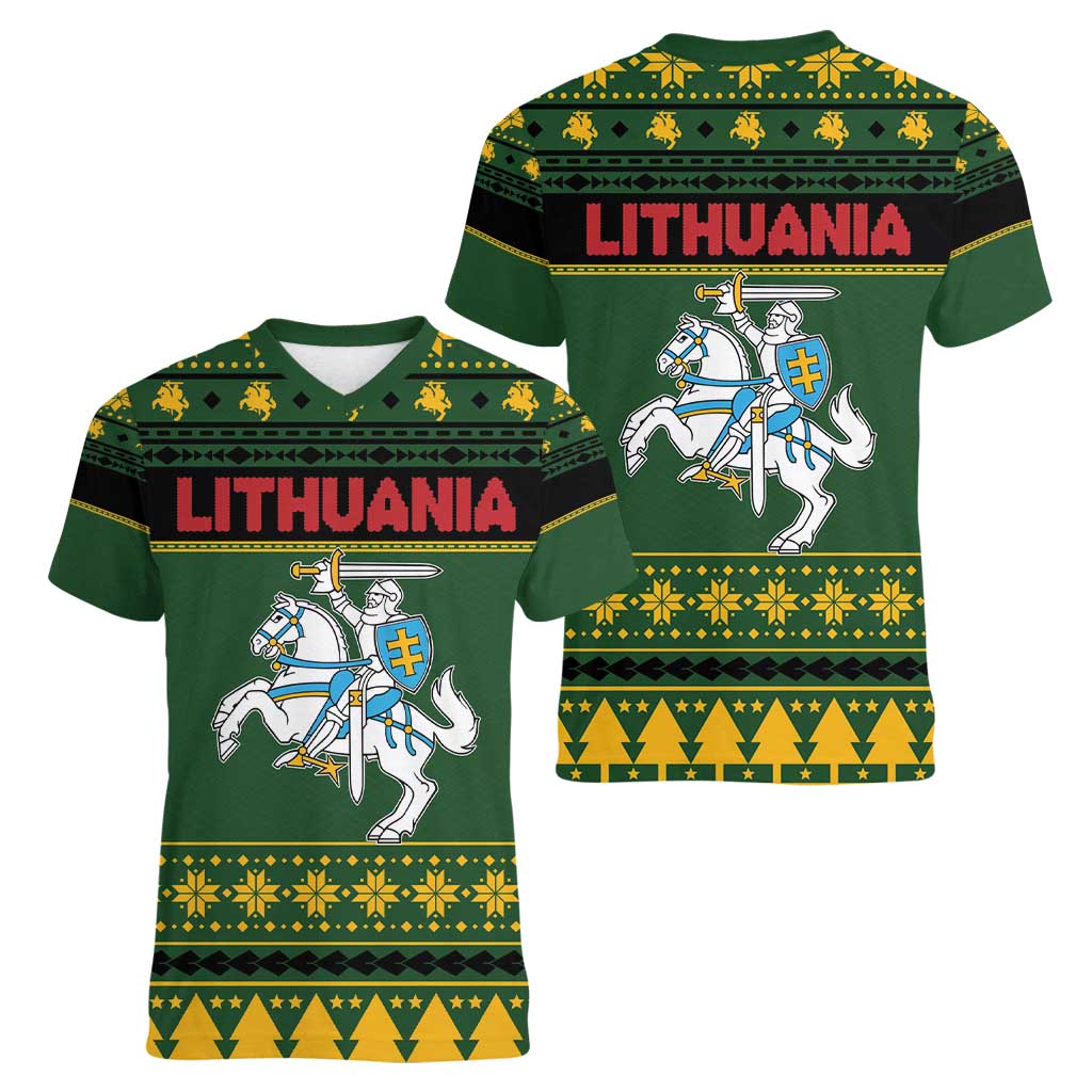 Lithuania Christmas Women V-Neck T-Shirt Coat Of Arms Linksmu Kaledu - Wonder Print Shop