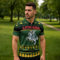 Lithuania Christmas Zipper Polo Shirt Coat Of Arms Linksmu Kaledu - Wonder Print Shop