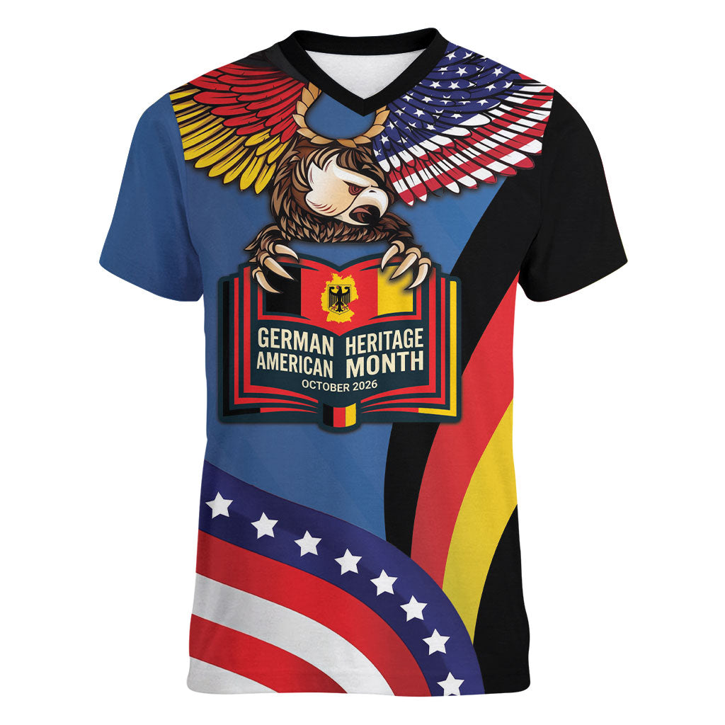German American Heritage Month Women V-Neck T-Shirt German Roots American Wings