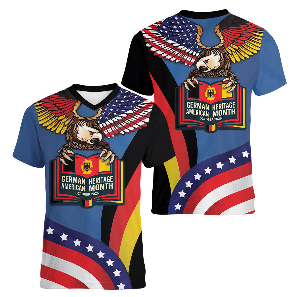 German American Heritage Month Women V-Neck T-Shirt German Roots American Wings