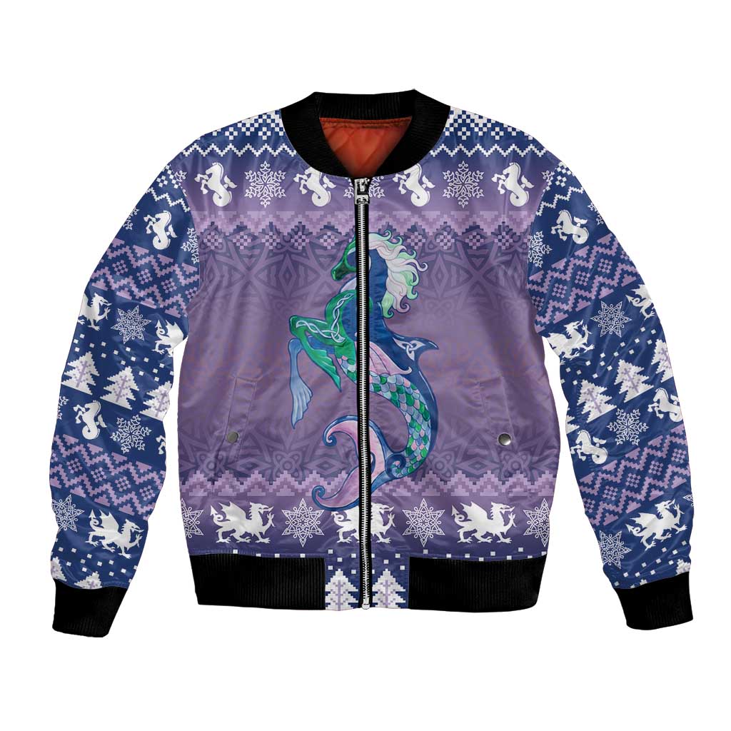Carmarthenshire Wales Christmas Bomber Jacket Heraldic Sea-Horse Celtic Design - Wonder Print Shop