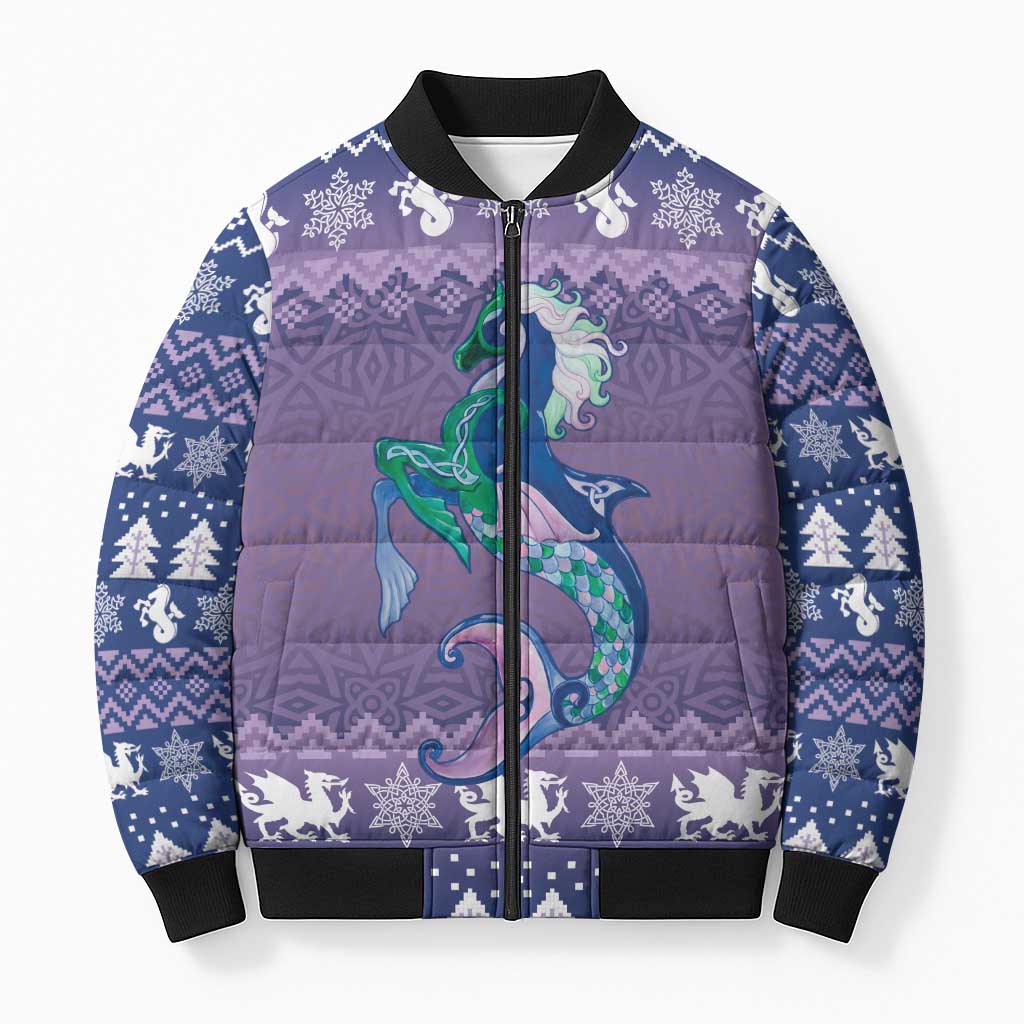 Carmarthenshire Wales Christmas Bomber Puffer Jacket Heraldic Sea-Horse Celtic Design - Wonder Print Shop