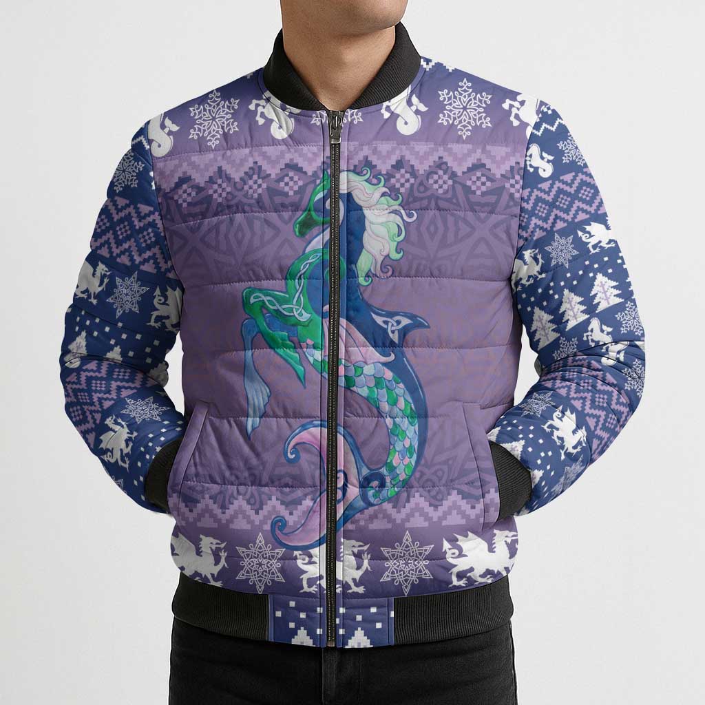 Carmarthenshire Wales Christmas Bomber Puffer Jacket Heraldic Sea-Horse Celtic Design - Wonder Print Shop