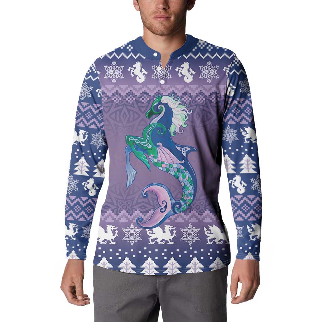 Carmarthenshire Wales Christmas Button Sweatshirt Heraldic Sea-Horse Celtic Design - Wonder Print Shop