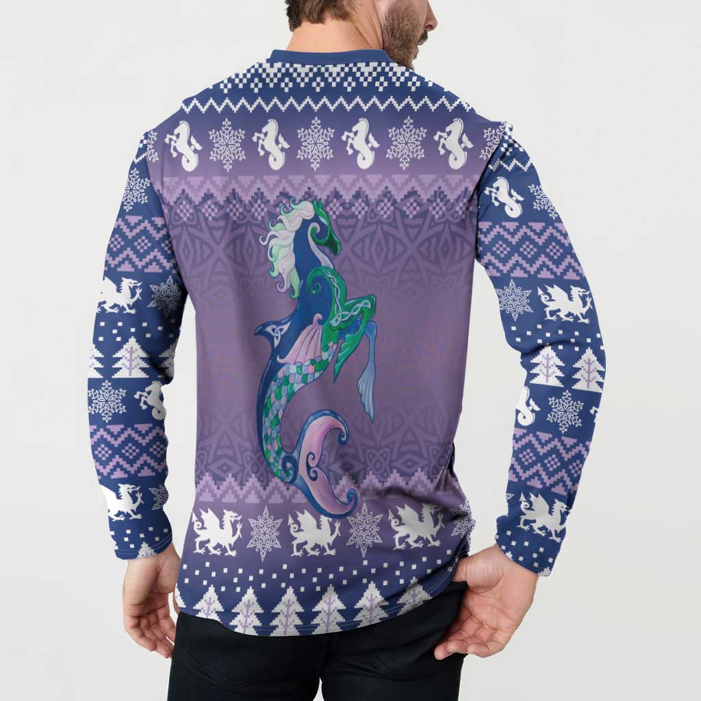Carmarthenshire Wales Christmas Button Sweatshirt Heraldic Sea-Horse Celtic Design - Wonder Print Shop