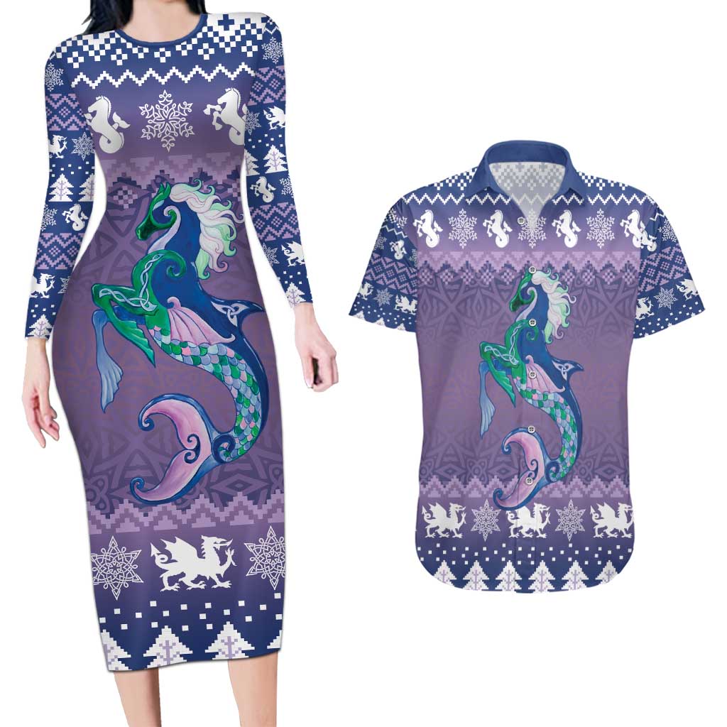 Carmarthenshire Wales Christmas Couples Matching Long Sleeve Bodycon Dress and Hawaiian Shirt Heraldic Sea-Horse Celtic Design - Wonder Print Shop