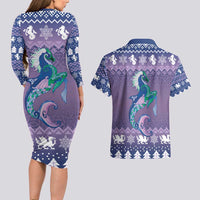 Carmarthenshire Wales Christmas Couples Matching Long Sleeve Bodycon Dress and Hawaiian Shirt Heraldic Sea-Horse Celtic Design - Wonder Print Shop