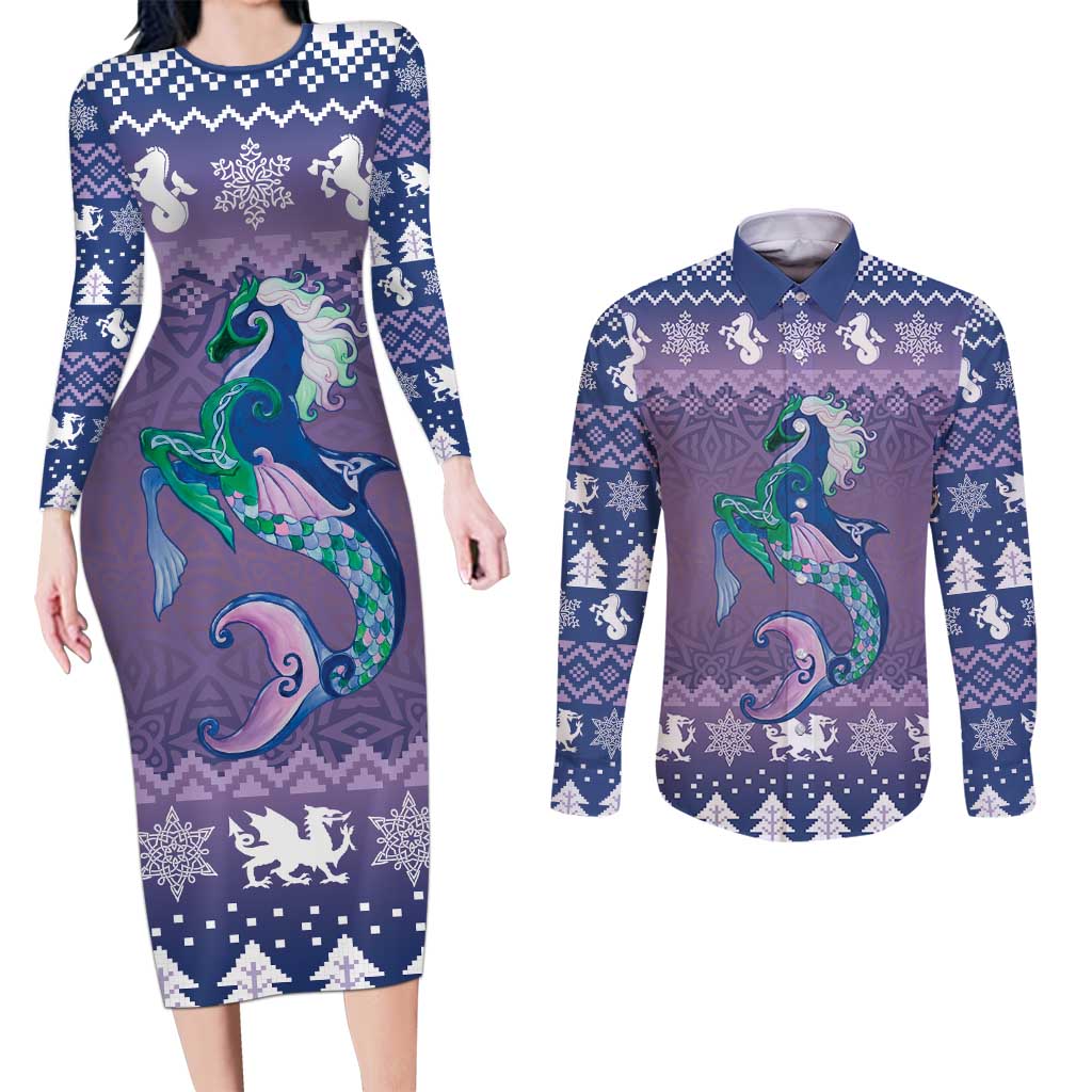 Carmarthenshire Wales Christmas Couples Matching Long Sleeve Bodycon Dress and Long Sleeve Button Shirt Heraldic Sea-Horse Celtic Design - Wonder Print Shop