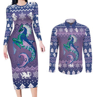 Carmarthenshire Wales Christmas Couples Matching Long Sleeve Bodycon Dress and Long Sleeve Button Shirt Heraldic Sea-Horse Celtic Design - Wonder Print Shop