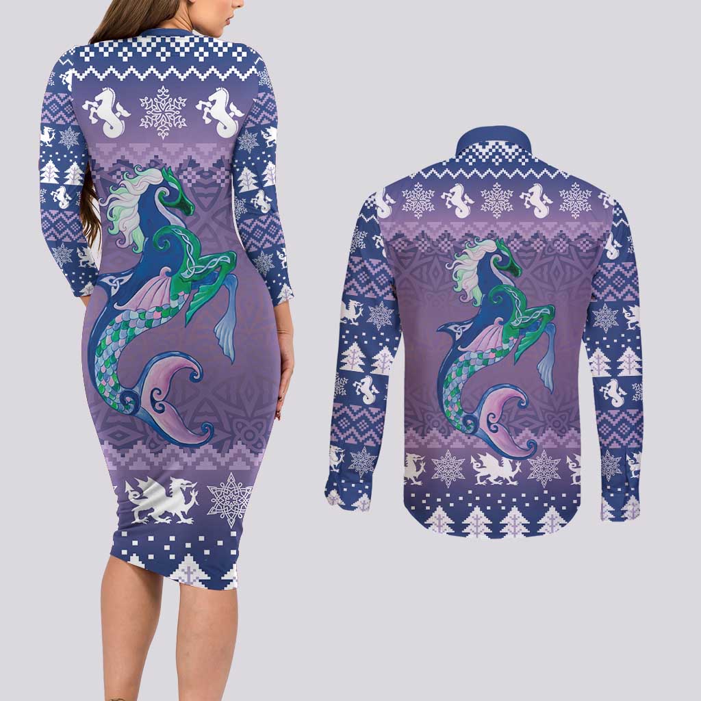 Carmarthenshire Wales Christmas Couples Matching Long Sleeve Bodycon Dress and Long Sleeve Button Shirt Heraldic Sea-Horse Celtic Design - Wonder Print Shop