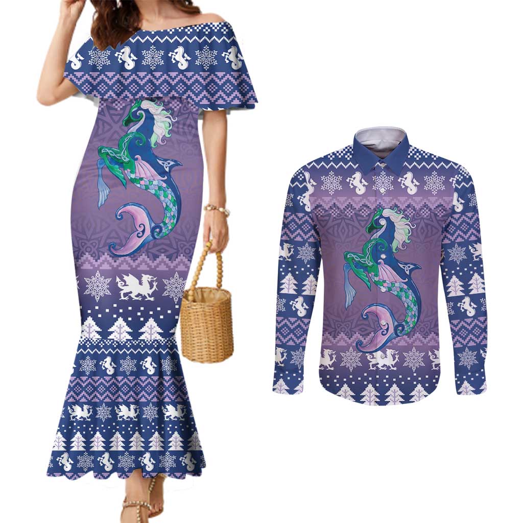 Carmarthenshire Wales Christmas Couples Matching Mermaid Dress and Long Sleeve Button Shirt Heraldic Sea-Horse Celtic Design - Wonder Print Shop
