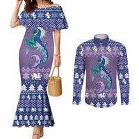 Carmarthenshire Wales Christmas Couples Matching Mermaid Dress and Long Sleeve Button Shirt Heraldic Sea-Horse Celtic Design - Wonder Print Shop