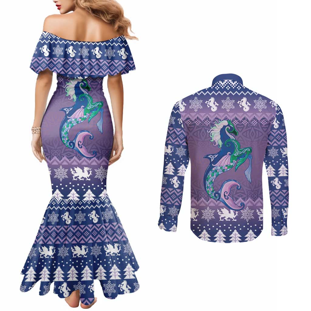 Carmarthenshire Wales Christmas Couples Matching Mermaid Dress and Long Sleeve Button Shirt Heraldic Sea-Horse Celtic Design - Wonder Print Shop