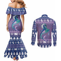Carmarthenshire Wales Christmas Couples Matching Mermaid Dress and Long Sleeve Button Shirt Heraldic Sea-Horse Celtic Design - Wonder Print Shop